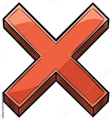 Illustration of a three-dimensional coral-colored cross with black outlines against a contrasting black backdrop, for graphic design use.