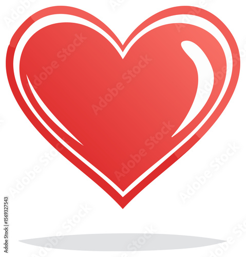 Vibrant Red Heart Icon with White Border and Glossy Highlight on Black, Casting a Subtle Shadow, Symbolizing Love