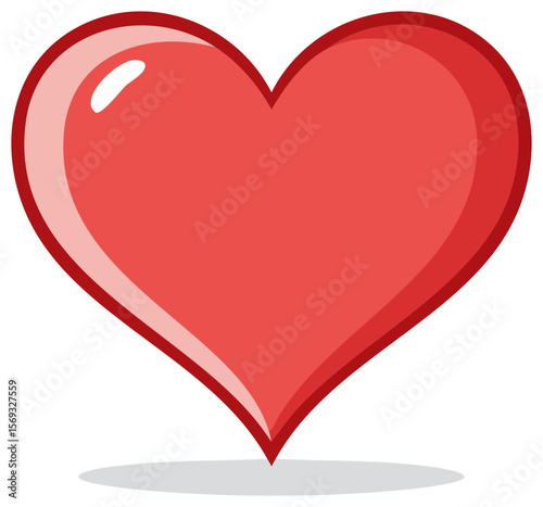 Bright red heart with glossy highlights, symbolizing love and affection, with a soft shadow on a transparent background.