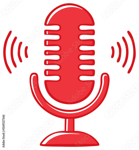 Red cartoon microphone with sound waves, podcast or live broadcast vector icon on black background for online studio.