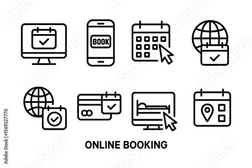 Online booking icons set with calendar and digital elements. Vector illustration in modern thin line style – stock vector
