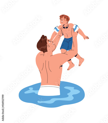 Happy father holds son and tosses up. Parent and kid play in swimming pool together. Dad and boy with inflatable sleeves on hands have fun water in summer. Flat isolated vector illustration on white