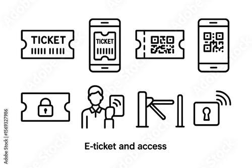 Digital ticket access and security icons featuring e-ticket lock and qr code. Vector illustration in modern thin line style – stock vector