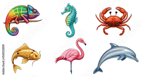 Vector illustration of diverse animal species including chameleon seahorse crab koi flamingo and dolphin drawing art
