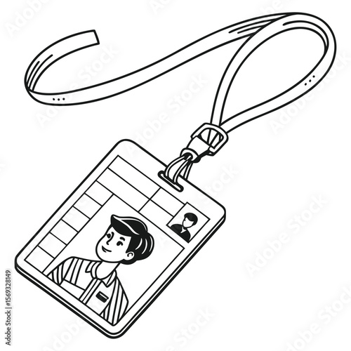 Hand-drawn Style ID Lanyard with Male Employee Photo: Simple, Clean, Professional Design.