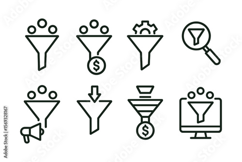 Set of funnel icon illustrations depicting various concepts like marketing and analysis. Vector illustration in modern thin line style – stock vector