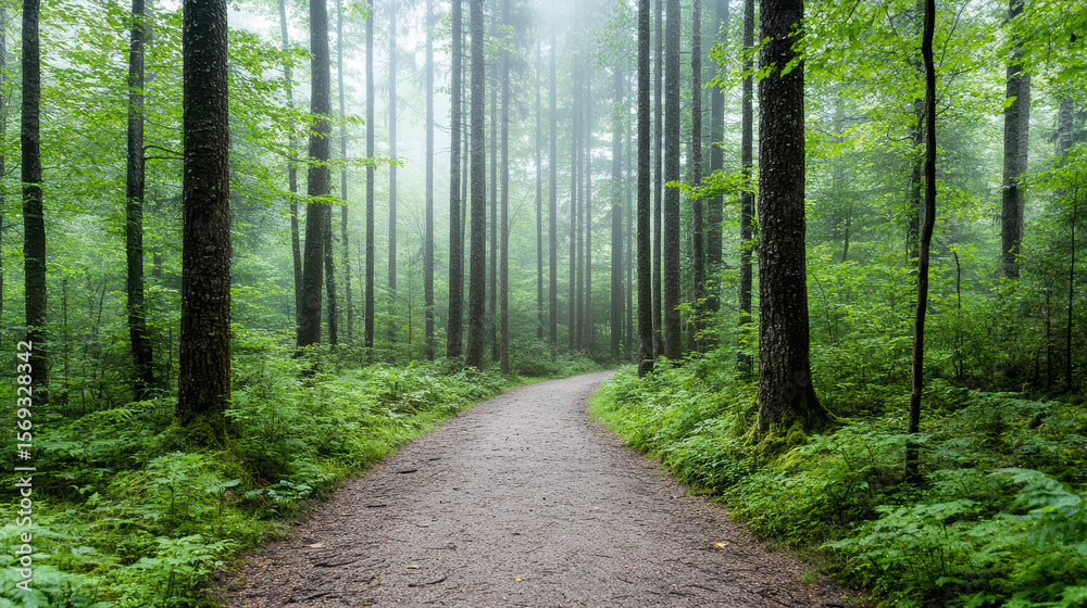 Fototapeta premium Mysterious path winding through dense forest, surrounded by tall trees and lush greenery