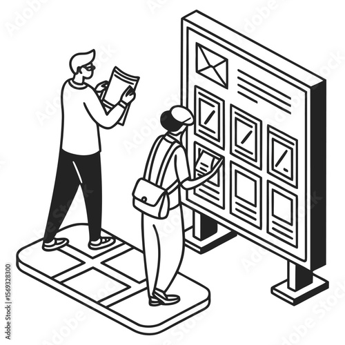 Isometric Line Art Illustration: Two People Viewing Information on a Public Notice Board.