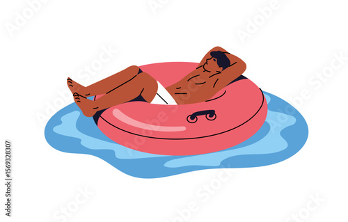 Man relaxes floating on inflatable circle in swimming pool in sea resort. Boy is lying, sunbathing on lifebuoy on water in aquapark in summer. Flat isolated vector illustration on white background