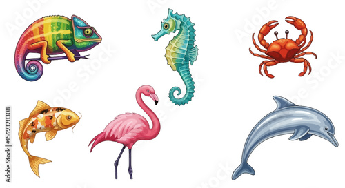 Vector colorful wildlife illustration featuring chameleon seahorse crab koi fish flamingo and dolphin for animal lovers