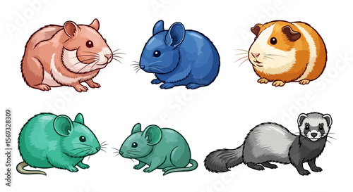 Vector cute cartoon rodents and small mammals illustration hamster chinchilla guinea pig mouse ferret pet art 100