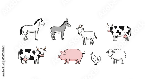 Vector farm animals cartoon illustration vector set horse donkey goat cow pig chicken sheep livestock drawing design