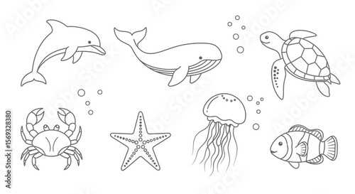 Vector ocean animals coloring page featuring dolphin whale turtle crab starfish jellyfish and clownfish line art drawing