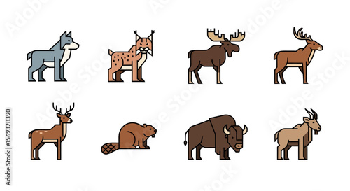 Vector illustration of north american wildlife animals including wolf lynx moose deer beaver bison and goat icons