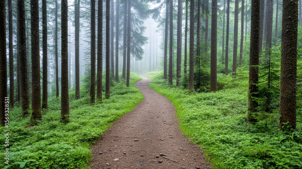 Fototapeta premium Winding forest trail surrounded by tall pine trees and lush greenery creates serene atmosphere