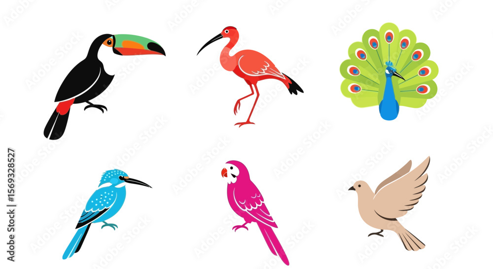Naklejka premium Vector illustration of colorful exotic birds toucan ibis peacock kingfisher parrot dove vector drawing design art