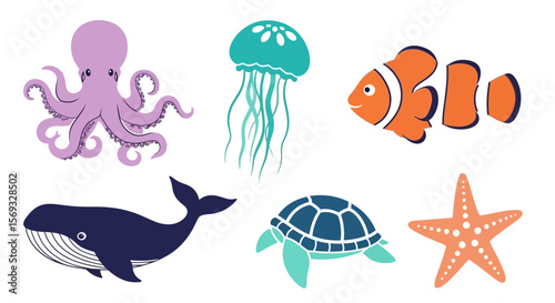 Vector ocean animals illustration featuring octopus, jellyfish, clownfish, whale, turtle and starfish drawing