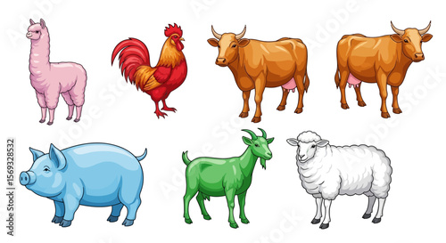 Vector illustration of farm animals llama rooster cows pig goat sheep livestock cartoon drawing vector art design