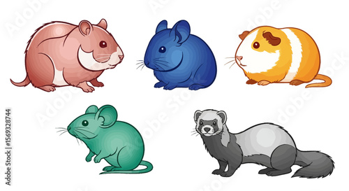 Vector cute cartoon pet rodents illustration featuring hamster chinchilla guinea pig mouse and ferret drawing art