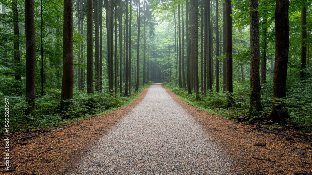 Naklejka premium Serene path winding through misty forest, surrounded by tall trees and lush greenery