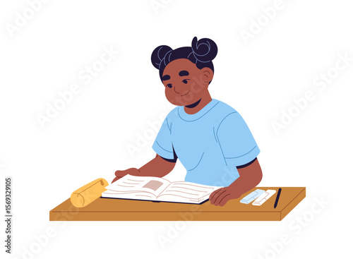 Student does homework at the desk. Happy kid is reading educational book. Cute child does school exercises. Little girl is learning, studies with textbook. Flat isolated vector illustration on white