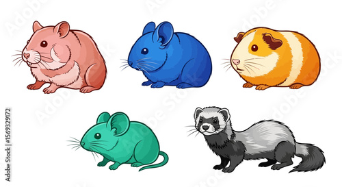 Vector cute cartoon pet rodents illustration featuring hamster chinchilla guinea pig mouse and ferret drawing art