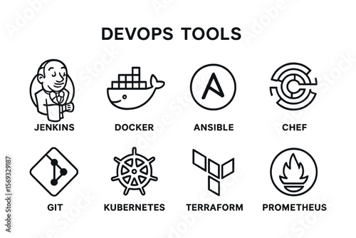 Popular devops tools icons including jenkins, docker, and kubernetes. Vector illustration in modern thin line style – stock vector
