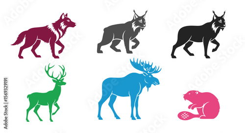 Vector wildlife animal vector illustration featuring wolf lynx deer moose and beaver for nature designs and prints