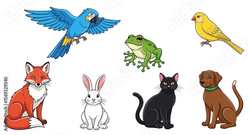 Vector collection of animal illustrations featuring parrot, fox, rabbit, cat, dog, frog and canary drawing