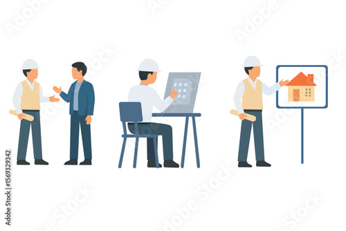 Vector illustration set of architect characters in three different poses for construction, design, and building industry themes