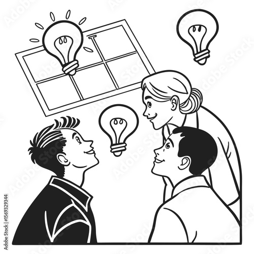 Black and white illustration: Brainstorming team, innovative ideas, lightbulb concept, collaborative problem-solving, positive mood, simple line art style.