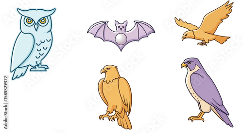 Vector illustration of different birds of prey including owl falcon eagle and bat flying animal vector design 100