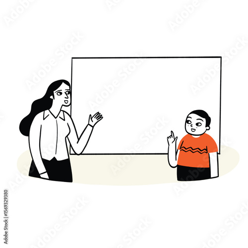 A language teacher is teaching students in front of the board.