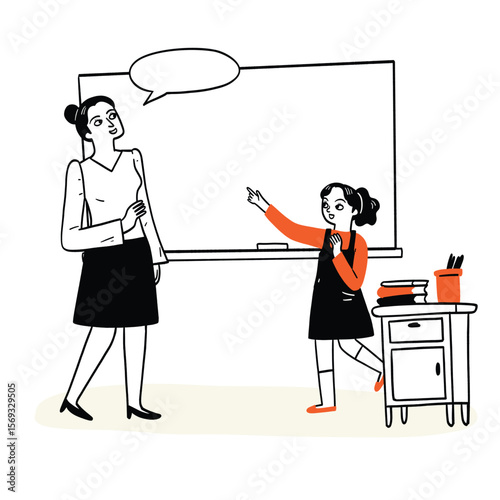 A language teacher is teaching students in front of the board.
