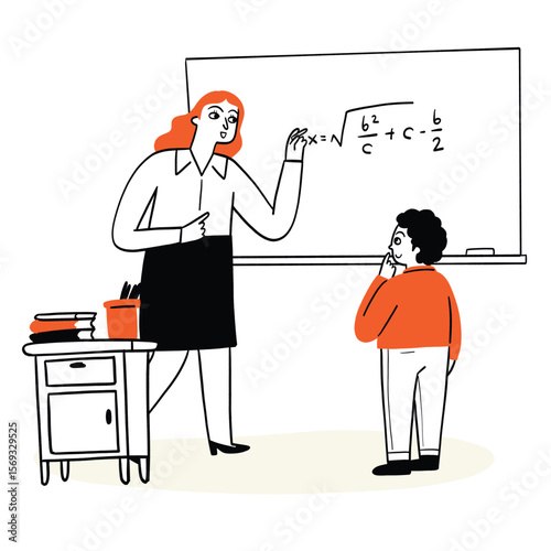 A language teacher is teaching students in front of the board.