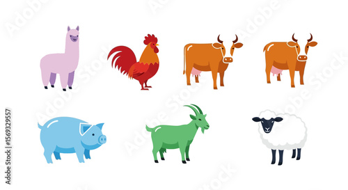 Vector farm animals vector illustration set featuring cow rooster sheep pig goat and llama for educational resources