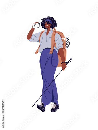 Hiker carries backpack, drink water from flask on the go. Tourist with knapsack and trekking poles walks in nature. Woman with bottle is hiking, travel. Flat isolated vector illustration on white