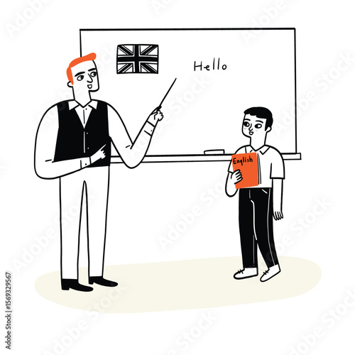 A language teacher is teaching students in front of the board.
