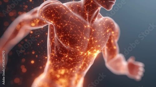 Visual graphic depicting human body energy metabolism, highlighting calorie burning, heat generation, and biochemical processes.