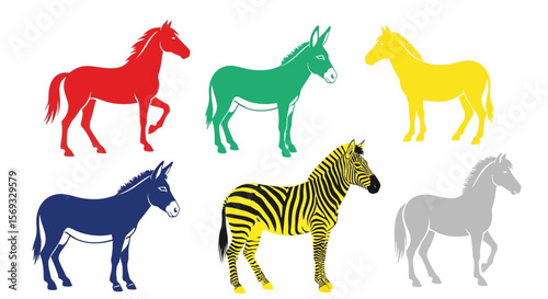 Vector colorful horse donkey zebra vector illustration equine animals drawing design graphic art clipart image stock vector
