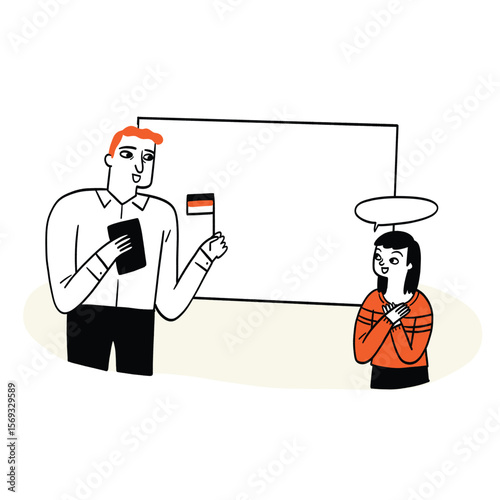 A language teacher is teaching students in front of the board.