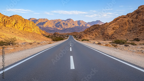 Winding road through rocky desert hills under clear sky evokes sense of adventure and solitude