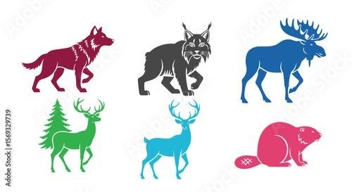 Vector wildlife animals vector illustration featuring wolf lynx moose deer beaver and evergreen tree design 100