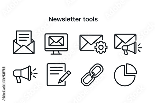 Essential newsletter tools: icons of email, megaphone, chart, and more. Vector illustration in modern thin line style – stock vector