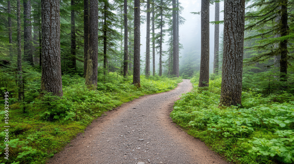 Fototapeta premium Winding dirt trail through tall trees in misty forest creates serene atmosphere