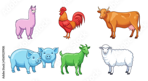 Vector illustration of farm animals including cow, pig, sheep, goat, rooster, and llama cartoon drawing animals