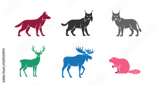 Vector wildlife animal vector set featuring wolf lynx deer moose and beaver in various colors illustration 100