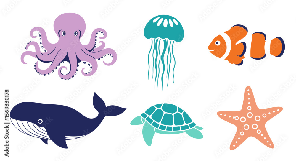 Fototapeta premium Vector ocean life illustration featuring octopus jellyfish clownfish whale turtle starfish vector art design set