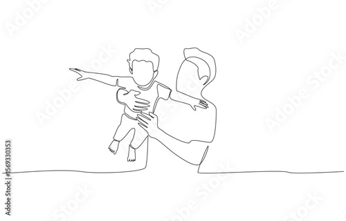 Continuous one line drawing of father holding his son in the air, parenting activity concept, single line art
