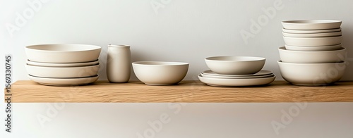 Elegant ceramic dishware arranged on shelf.